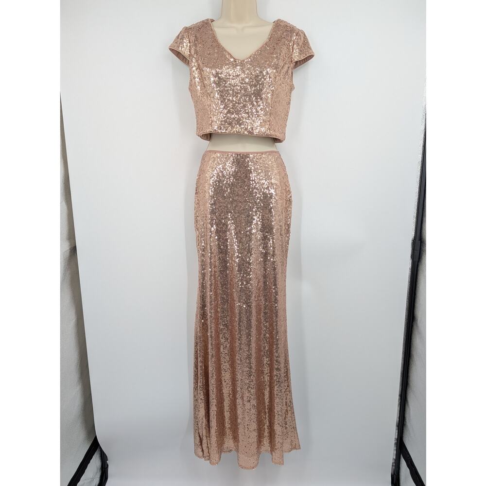Lulus Now and Forever Rose Gold Sequin Two-Piece Maxi Dress Size Medium Glam